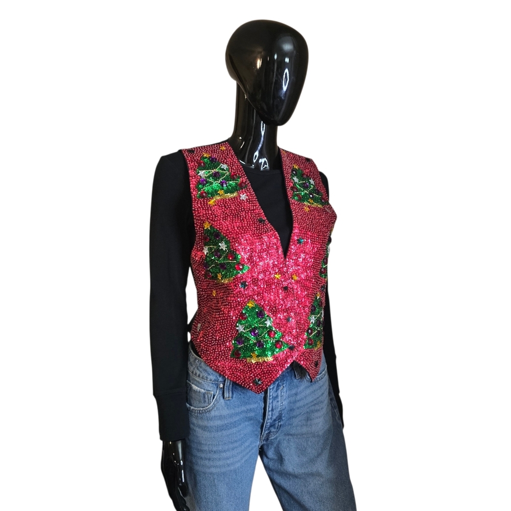 Vintage 90s JC Christmas Tree Sequin and Jewel Vest | Size Small